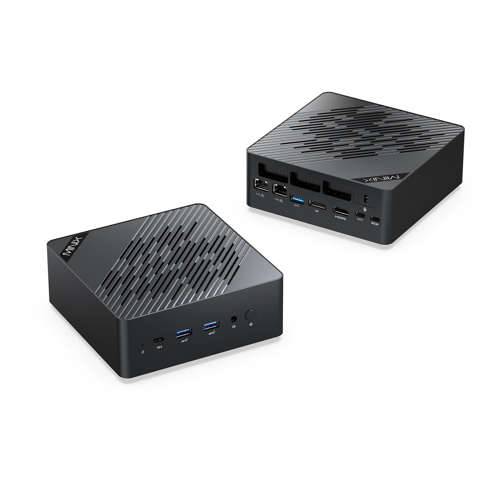 MINIX EU928-AI mini PC with Intel Core Ultra 9 285H processor on white background.