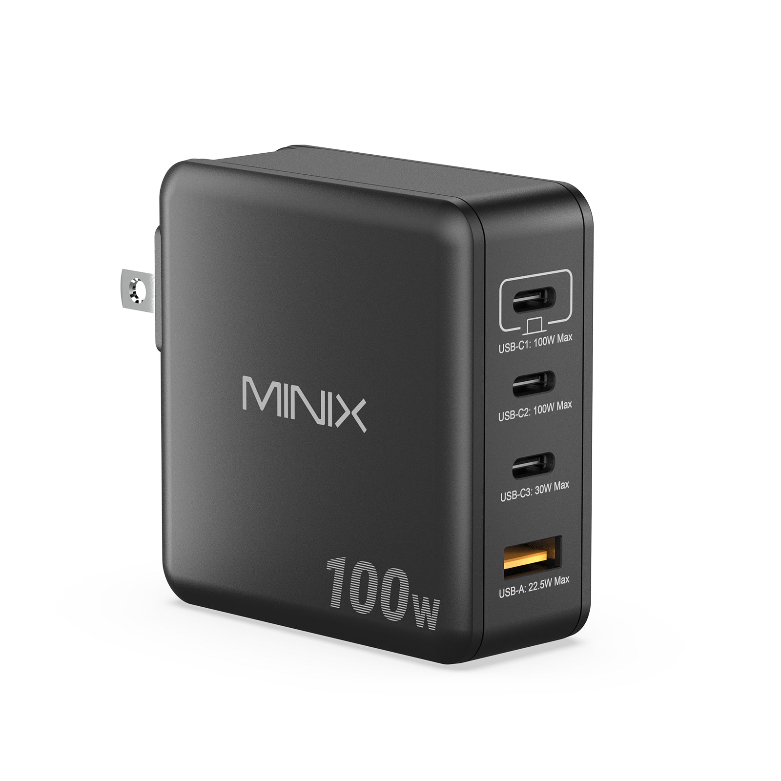 Caricabatterie da muro GaN MINIX P100 da 100 W a 4 porte con spine intercambiabili