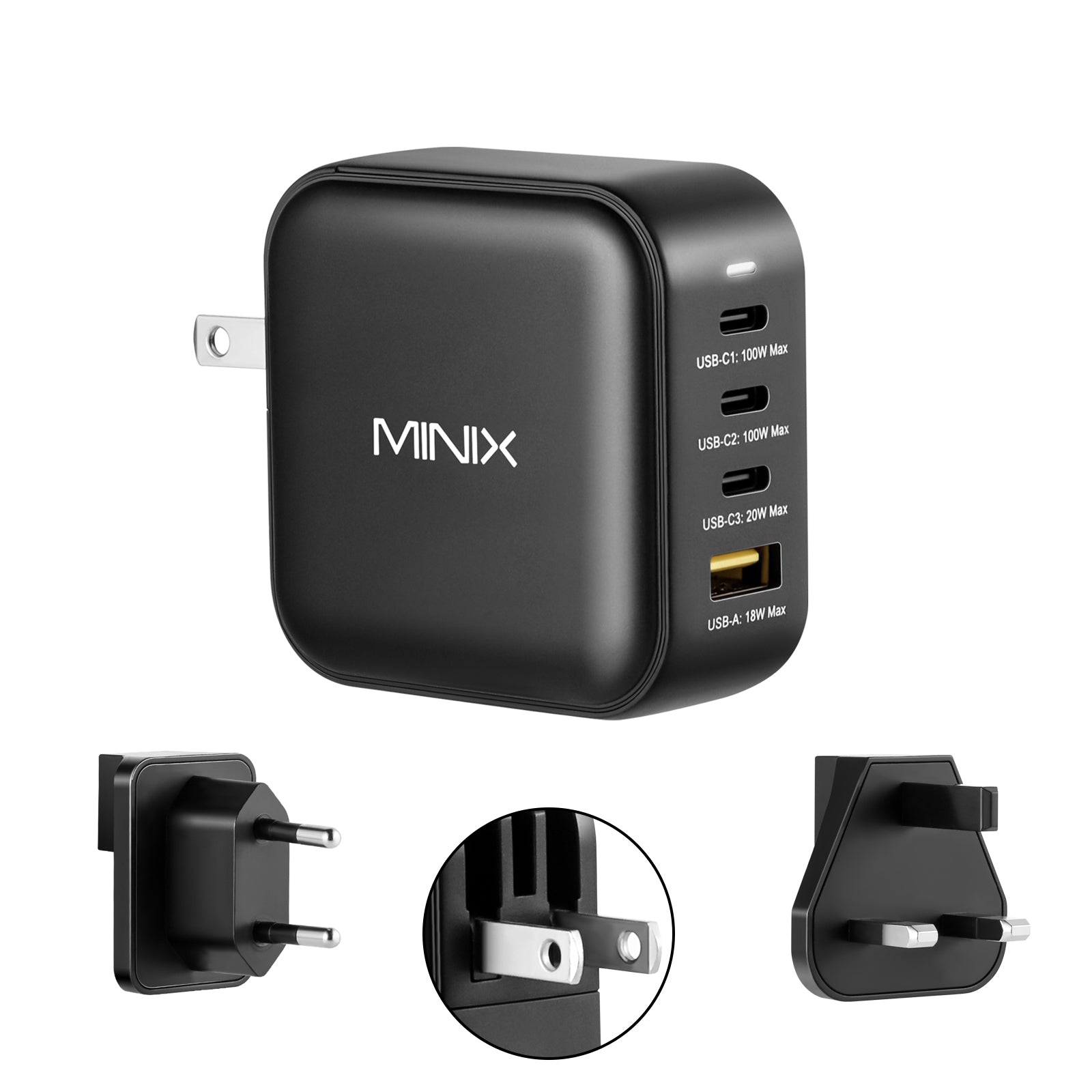 Cargador de pared MINIX P3 de 100 W, 4 puertos GaN y enchufes intercambiables