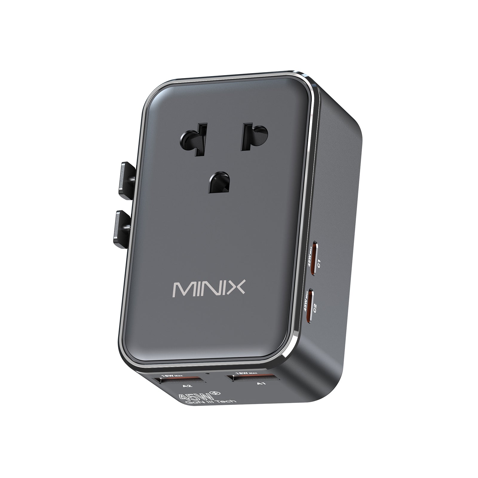 MINIX TP45 GaN-III 45W tech universal travel adapter with 4 charging ports for global travel.