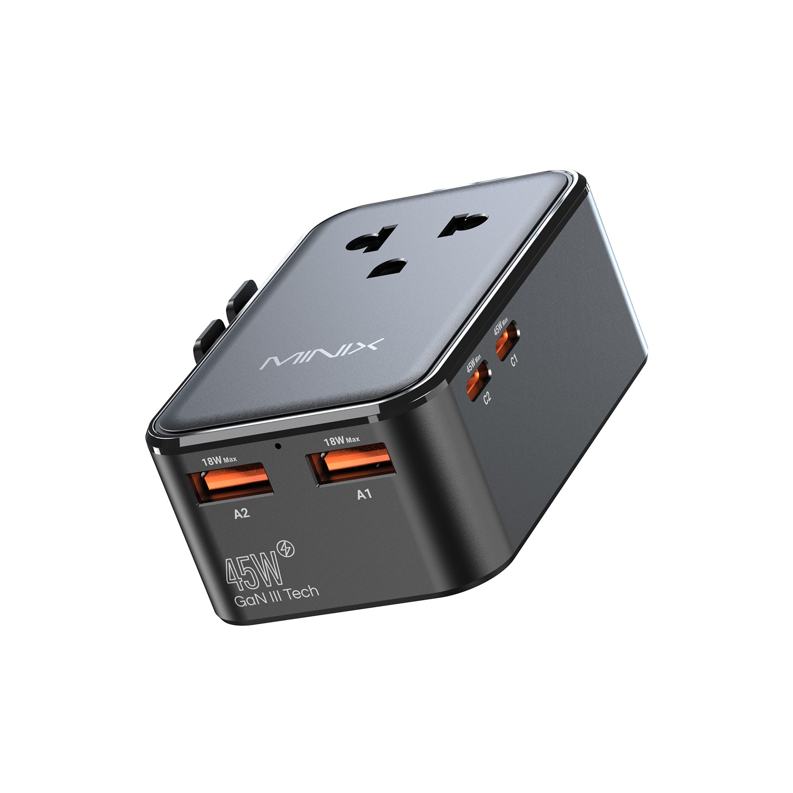MINIX TP45 GaN-III 45W tech universal travel adapter with 4 charging ports for global travel.