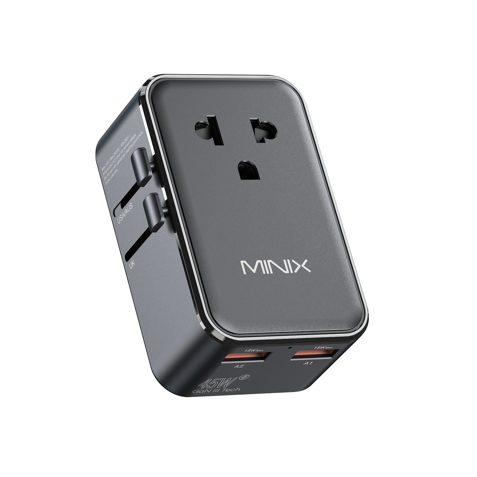 MINIX TP45 GaN-III 45W tech universal travel adapter with 4 charging ports for global travel.