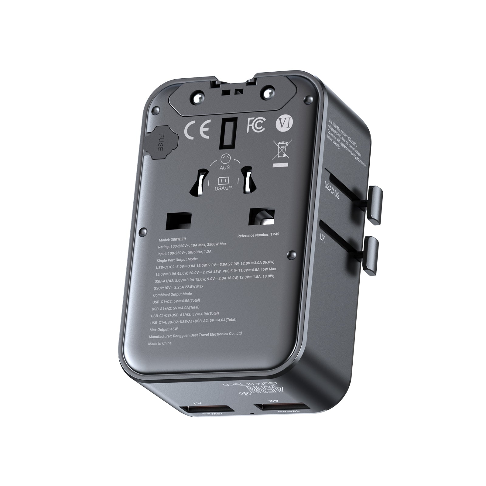 MINIX TP45 GaN-III 45W tech universal travel adapter with 4 charging ports for global travel.