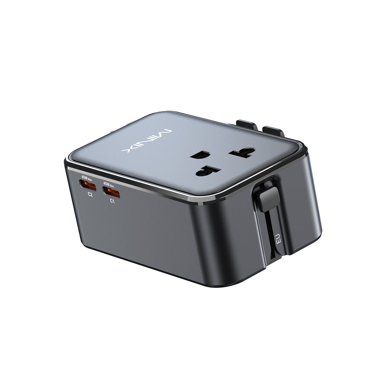 MINIX TP45 GaN-III 45W tech universal travel adapter with 4 charging ports for global travel.