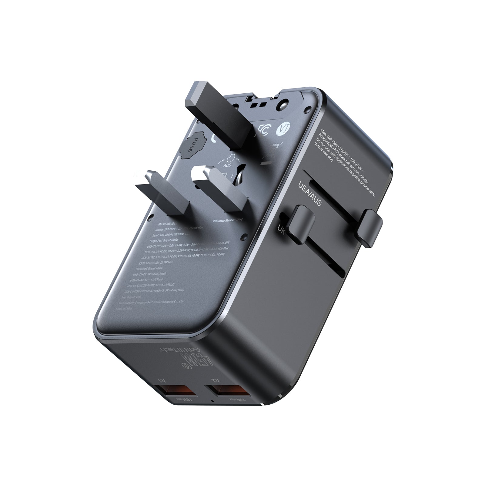 MINIX TP45 GaN-III 45W tech universal travel adapter with 4 charging ports for global travel.