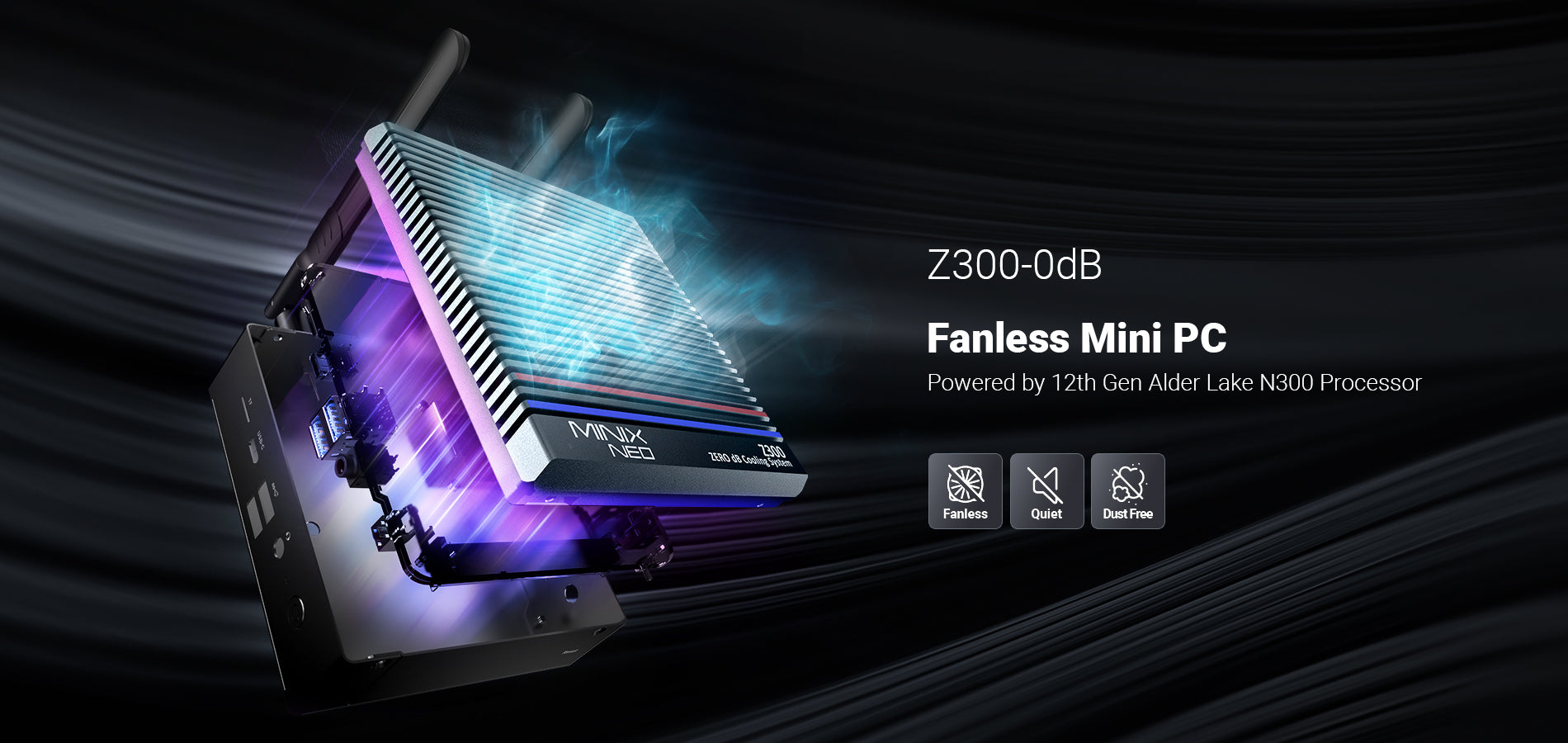 Minix Z300-0dB Fanless Mini PC - Intel N300, 4K Dual Display
