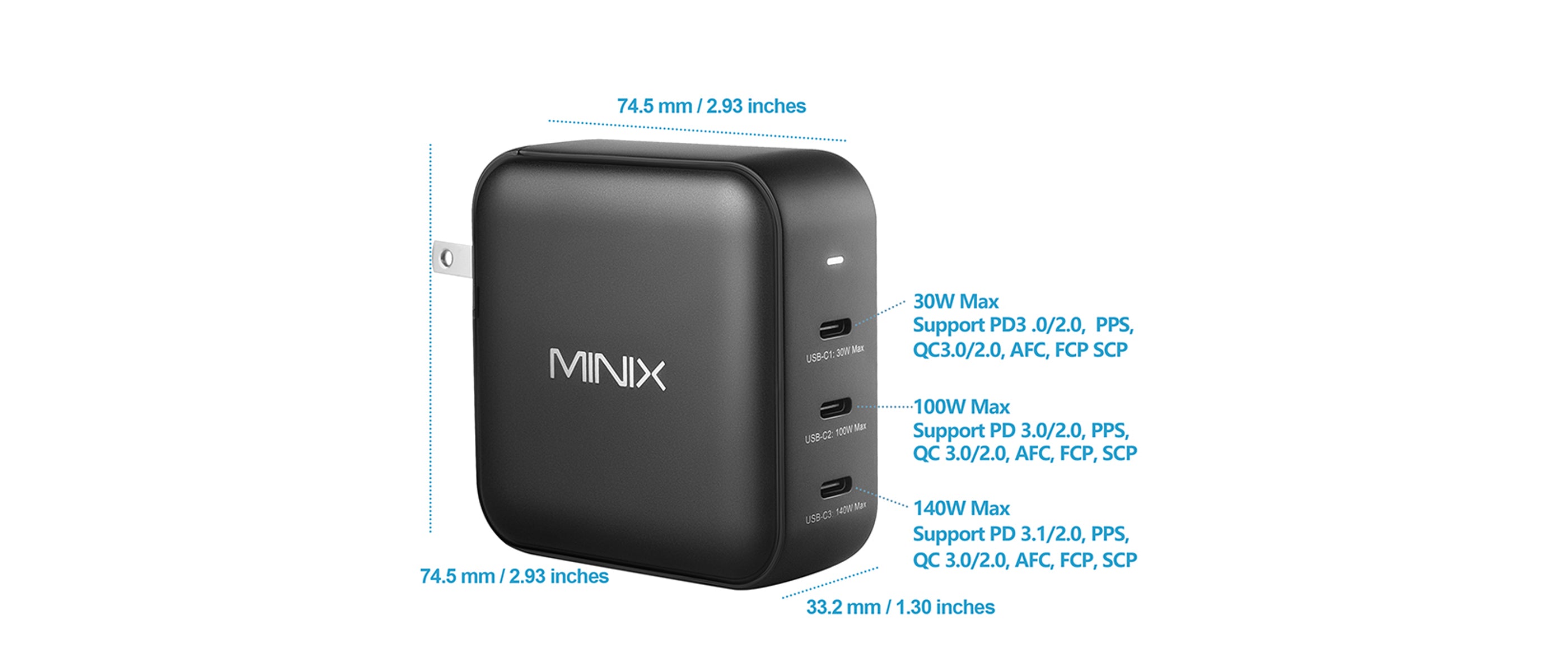 Minix P140 GaN Charger - 140W 3-Port USB-C, Global Travel